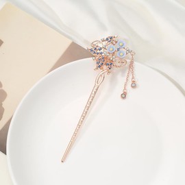 Bling Crystal Hair Stick Chinese Style Hair Chopsticks with Tassel Shining Rhinestone Vintage Hair Decoration Bride Flower Hair Accessories for Women Girls (Blue, One Size)