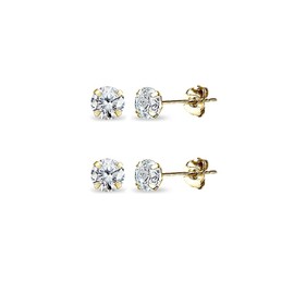 2 Pair Set 14K Gold Cubic Zirconia Tiny 3mm Round Stud Earrings for Men, Women, Boys & Girls