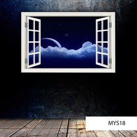MySticky 3D Moon Behind Cloudtops Fake Window Wall Sticker, Removable Vinyl Decal Frame, Peel and Stick, Art Decor for Bedroom, Living-Room, Kids or Any Room, Large