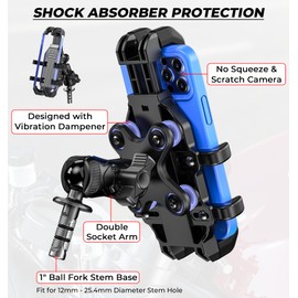 VAZESWIN Motorcycle Fork Stem Phone Mount [Vibration Dampener] Anti-Shake Motorcycle Cell Phone Holder with Aluminum Alloy Short Arm, Fit 12mm to 25.4mm Diameter Fork Stem Tube, for 5.4"-7.2" Phones