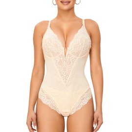SAYFUT Lace Bodysuit Backless Shapewear for Women V-Neck Tummy Control Thong Body Shaper