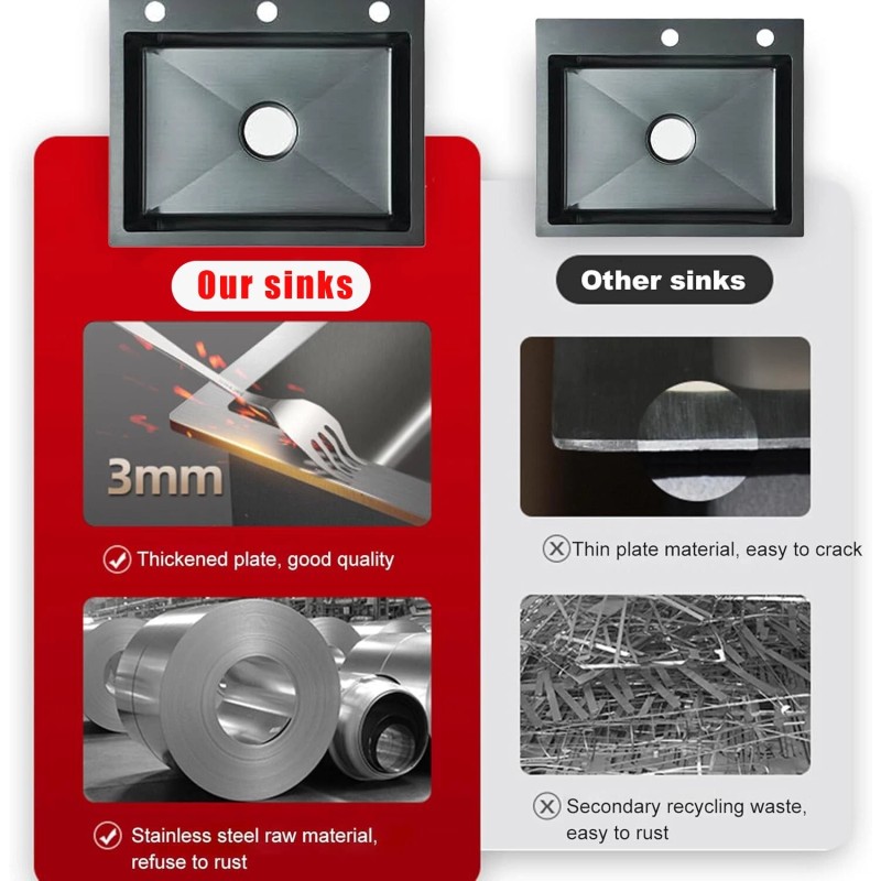 mvmhome Black Kitchen Sink Single Bowl Stainless Steel Sink with