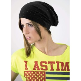 Hatstar Women’s Beanie Hat with Elegant Appliqué Rhinestone Studs, Girls’ Hat Elastic, Long Slouch Beanie, Light and Soft - dark green