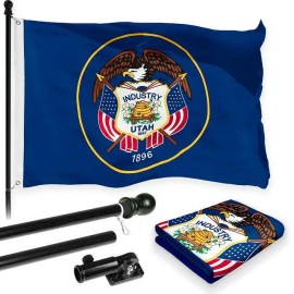 UD_G128 Combo Pack: 6 Feet Tangle Free Spinning Flagpole (Black) Utah UT State Flag 3x5 ft Printed 150D Brass Grommets (Flag Inc