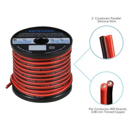 BNTECHGO 14 Gauge Flexible 2 Conductor Parallel Silicone Wire Spool Red Black High Resistant 200 deg C 600V for Single Color LED Strip Extension Cable Cord,Model,50ft Stranded Tinned Copper Wire