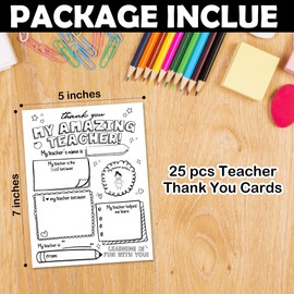 TIOFUNO Teacher Thank You Cards, Fill In The Blank Thank You Cards for Teachers with Envelopes, 25 Pcs Teacher Appreciation Cards from Students for End of Year and Teacher Appreciation Week - A04