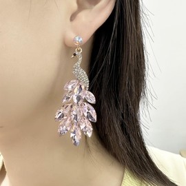 Vintage Peacock Dangle Earrings for Women Girls Green Crystal Feather Peafowl Statement Drop Dangling Earring Boho Exaggerated Birthday Holiday Jewelry Gifts (Light Pink)