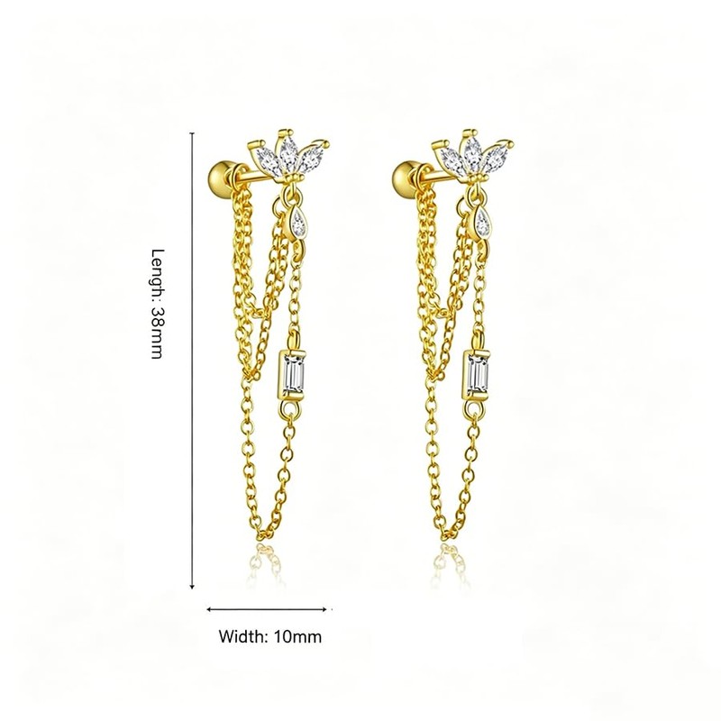 Gold Plated CZ Tassel Chain Stud Earrings For Women