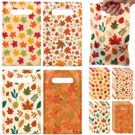 Epakh 48 Pcs Thanksgiving Fall Plastic Gift Bags Bulk 9.8" x 6.3" Autumn Maple Leaves Pumpkin Candy Goodie Treat Bag with Handle for Fall Autumn Harvest Thanksgiving Party Favor Supplies (Maple Leaf)