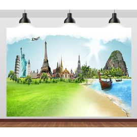 CORFOTO Travel Around The World Backdrop Fabric 5x4ft Global Famous Monuments World Landmarks Background US Statue of Liberty Paris Eiffel Tower Backdrops for Travel Party Decor Adult Portrait Prop