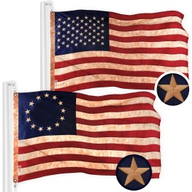 UD_G128 Combo Pack: American USA Tea-Stained Flag 3x5 Ft & Betsy Ross Tea-Stained Flag 3x5 Ft  Both ToughWeave Pro Series Embroi
