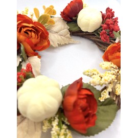 Fall & Thanksgiving Table Decor, Kitchen Wreath and Candle Holder with White Pumpkins, Burnt Orange Florals and Eucalyptus Bunches