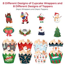 WedDecor Christmas Cupcake Toppers and Wrappers 48 Pcs Xmas Party Supplies Favors, Snowman Santa Claus Reindeer Elf Funny Cupcake Topper for Baby Shower Birthday Xmas Christmas Party Decorations