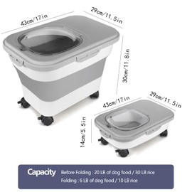 33 lbs Rice Storage Container, Collapsible Food Storage Container with with Airtight Lid & 360 Detachable Wheels, Kitchen Pantry Jars for Dry Food, Oatmeal, Grain, Cereal, Dog Pet Food
