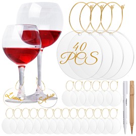 Tondiamo 40 Pcs DIY Wine Charms for Glasses Acrylic Wine Charms with Rings Tags Marker Pen Blank Wine Glass Labels Bulk for Stem Glasses Cocktail Champagne Wedding Dinner Party Favor(Gold, Round)