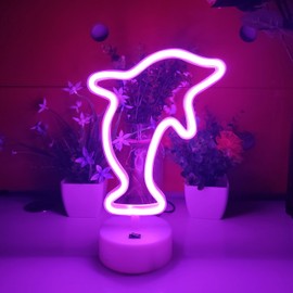 JYWJ Dolphin Neon Sign With Holder Base,USB or 3-AA Battery Powered Neon Light,LED Desktop Wall Decoration,Various Parties,Decoration Of Business Premises(Pink)