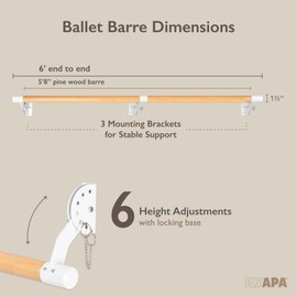 Ilyapa Ballet Barre for Home - 5 Ft 8 Inches Wood Adjustable Wall Mount Ballet Bar Dance Equipment - 64 inch Stud Spaced White Powder Coated Brackets