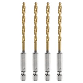 sourcing map 4pcs 1/4" Hex Shank Twist Drill Bits 4mm Titanium Coated High Speed Steel Quick Change Hex Drilling Bit Jobber Drill Bits for Wood Plastic Metal, Gold