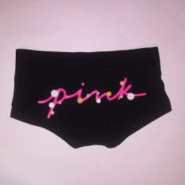 Victoria's Secret Victoria Secret PINK Panty Small Boyshort Black Floral Logo Banded Trim New
