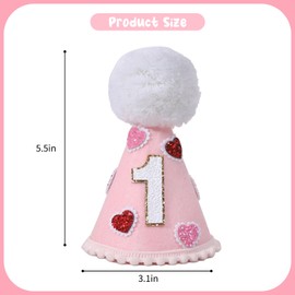 YOUAME Pink Heart Party Hat - Girls 1st Birthday Party Decorations,Pink Heart First Birthday Cone Hat,1st Party Decor,One Birthday Crown Outfit