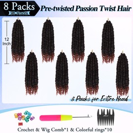 BARSDAR Passion Twist Crochet Hair, 12 Inch 8 Packs Pre-twisted Short Curly Crochet Passion Twist Braiding Hair, Pre Looped Passion Twist Crochet Braids Bohemian Crochet Hair Extensions T350#