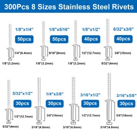 smseace 300Pcs Stainless Steel Pop Rivets Assortment Kit 8-Sizes Stainless Rivets(1/8" 5/32" 3/16") for Metal/Furniture/Automotive/Instruments Stainless Steel Rivets Set
