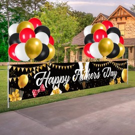 Large Happy Father's Day Banner with 24 Pieces Latex Balloons for Fence Yard Lawn Fathers Day Decor Father's Day Indoor Outdoor Backdrop Decoration