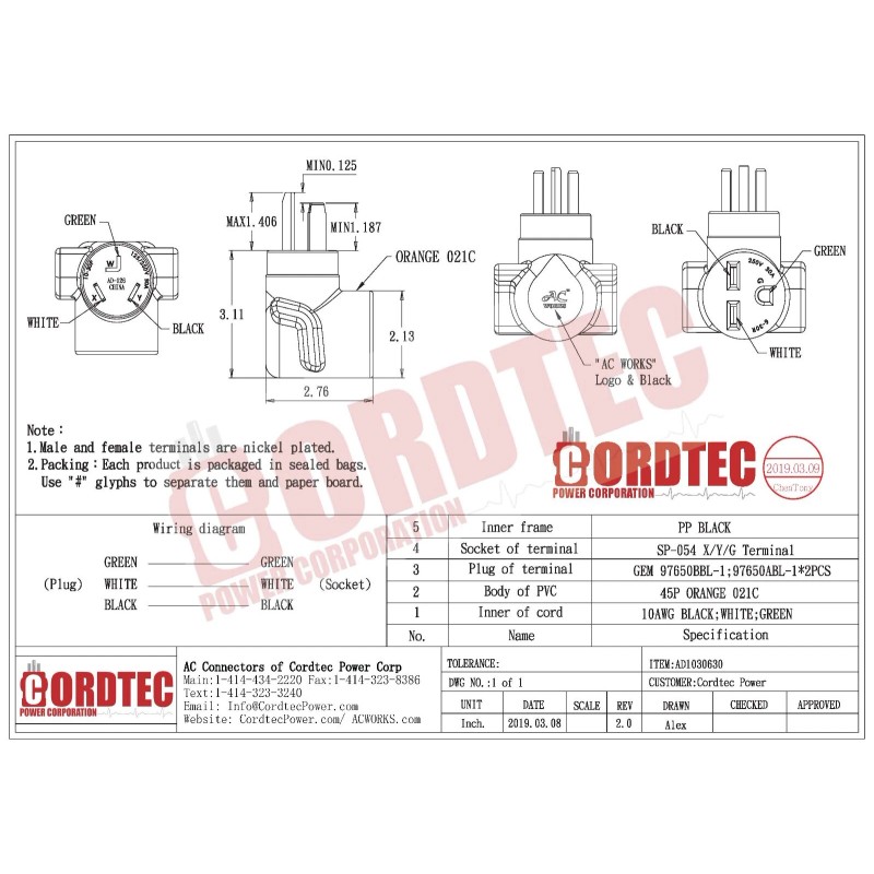 AC WORKS® 30A 250V Adapter AD1030630 | NEMA 10-30P to
