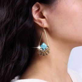 Inateannal Vintage Turquoise Dangle Earrings Square Turquoise Earrings Gold Geometric Filigree Dangle Earrings Crystal Turquoise Drop Hook Earrings Jewelry for Women and Girls