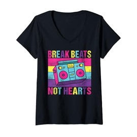 Womens Break Beats Not Hearts 90s Hip Hop V-Neck T-Shirt