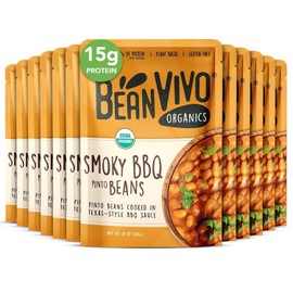 BeanVIVO (Pack of 12) Organics 15g Plant based Protein BBQ Pinto Beans - Good Source of Fiber - Nutritious & Microwave Meals - Gluten-Free Plant Food - 10 oz