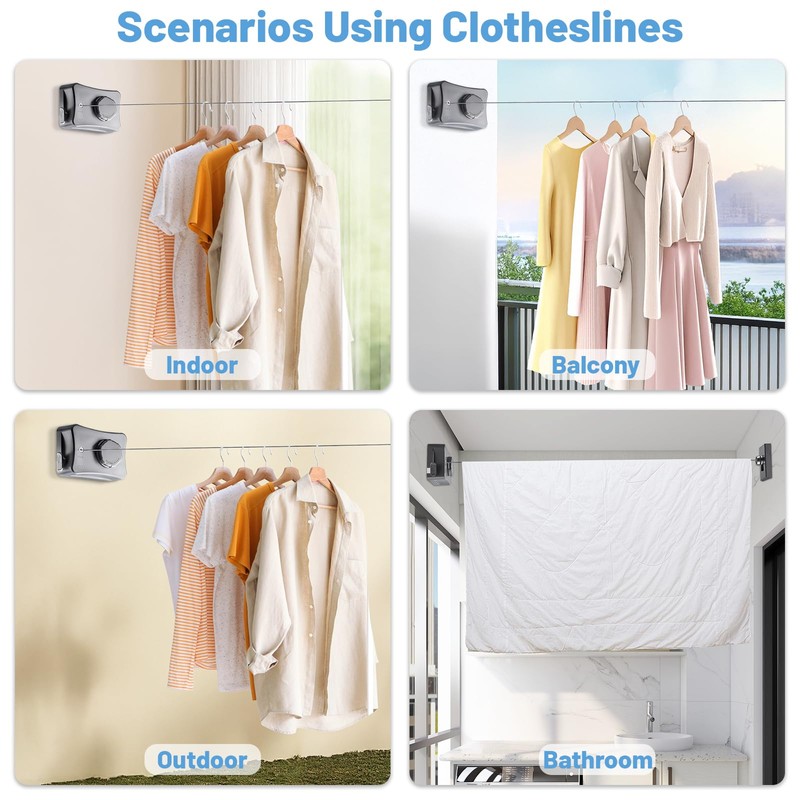 IHKFILAN Retractable Clothesline Indoor, Stainless Steel Retracting Washing Line, Non-Sagging