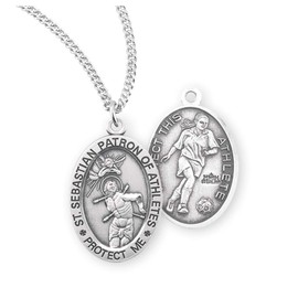 Saint Sebastian Oval Sterling Silver Female Soccer Athlete Medal | 0.9" x 0.6" (22mm x 14mm) | Made in USA | Deluxe Velvet Gift Box | 18" Rhodium Plated Curb Chain | .925 Sterling Silver | Soccer