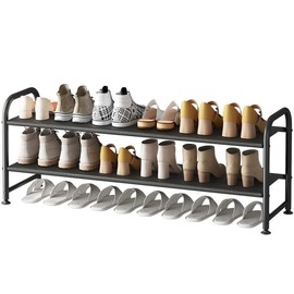 LINZINAR Shoe Rack 2 Tier Long Storage Organizer Wide Metal Shoe Shelf for Closet Entryway Grey【A001】 - Color: grey