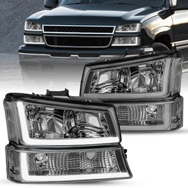 JSBOYAT Fit for 2003-2006 Chevy Silverado Headlight Assembly 4pcs w/LED DRL 03-06 Avalanche w/Bumper Lights OE Style Replacement Clear Reflector with Smoke Lens