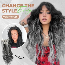 Fanguilar Clip in Hair Extensions 24 Inch 8PCS Natural Black Mix Silver Grey Long Wavy Synthetic Hair Extensions Clip ins Thick Double Weft Extensions for Women
