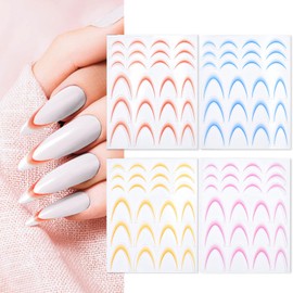 GEUUFEA 4 Sheets French Line Nail Stickers, Self-Adhesive Nail Tips Guides, Colorful Curved Lines Nail Art Designs, 5D Gradient Color Decals for Women DIY Nails Decorations