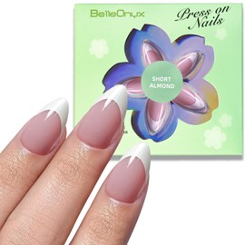 BelleOnyx Press On Nails Almond White French Tip Nails wtih Glue & Glue Remover Short Nail Tips, Stick On Nails Kit in 15 Sizes, Glossy Natural Fit Reusable for Busy Mom