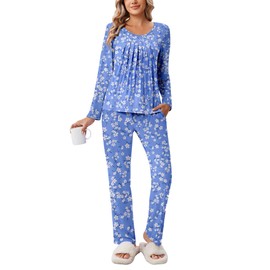 Ekouaer Women's Pajama Set 2 Piece Loungewear Soft Pjs Casual Lounge Sets with Pockets,Blue Wihte Flower,L