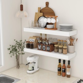 FLYJOE Deep Floating Shelves, 12'' Deep Rustic Large Floating Shelves Set of 2, White Shelves for Wall 36 Inches Long, Wood Shelves for Living Room Laundry Room Bedroom Kitchen Home Office - White