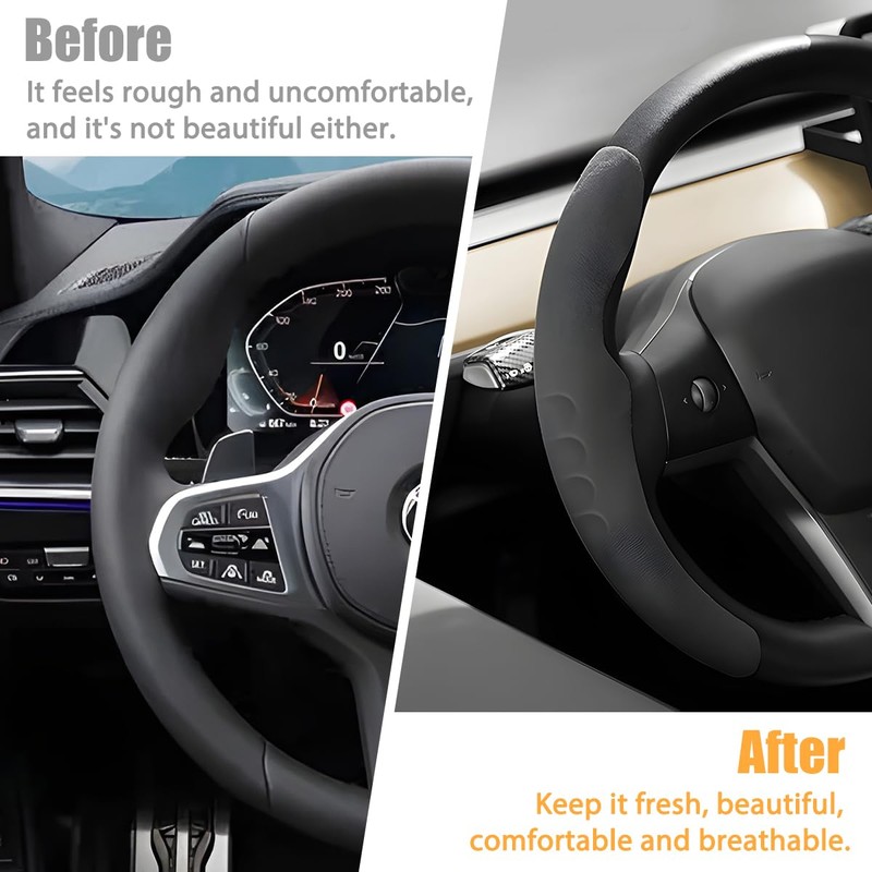 KHGUZ Car Steering Wheel Cover, Suede Leather Anti Slip Segmented