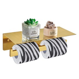 Toilet Paper Holder with Shelf Brushed Gold, Suyar 304 Stainless Steel Bathroom Double Paper Roll Holder with Phone Storage, Wall Mounted