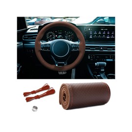 Piburth Leather Steering Wheel Cover, Stitch on Wrap, Breathable Anti-Slip Car Steering Wheel Protector, DIY Sewing with Needle Thread,15 Inch (Coffee, Hole)