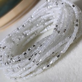 New Beginnings Handcrafted Waist Bead - Tie On Strand - Color: Pearl White & Silver, Strand Length: 60 Inch (Extended)