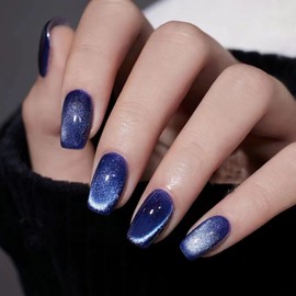 KKUUOO Blue Gradient Nails - Fall Winter Collection, Shiny Acrylic False Nails with Design, Glossy Press On Nails for Women & Girls