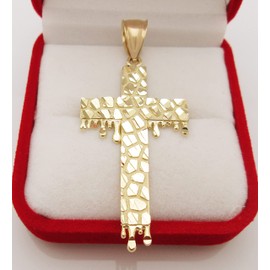 AMZ Jewelry 10k Yellow Gold Cross Pendant Diamond Cut Nugget Surface Gold Cross Blood Drip