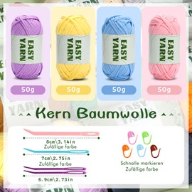 Häkelgarn für Anfänger, 4x50g, Kein Geteiltes Garn, Klobiges Baumwollgarn, Einfaches Strickgarn zum Häkeln, Stricken, Dickes, Sperriges Baumwollgarn für Anfänger(Rosa + Lila + Blau + Gelb)