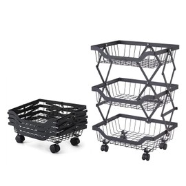 Beaugreen Metal Kitchen Storage Carts Foldable Fruit Vegetable Baskets Cart Standing Shelf Rack on Wheels for Kitchen,Home,Office,Living Room,Pantry,Snack Storage(3 Tiers)
