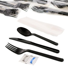 AmerCareRoyal 6-in-1 Disposable Silverware Medium Heavy Weight Plastic Utensil Set with Teaspoon, Fork, Knife, Salt & Pepper, 12x13 Napkin - Individually Wrapped Cutlery Meal Kit, Black, Case of 250