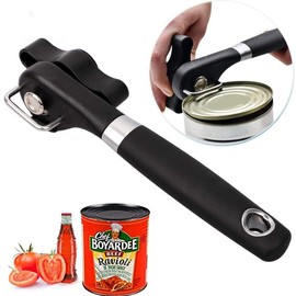 Safety can opener, stainless steel, ergonomic non-slip design with smooth edge, cuts without sharp edges, lid can be put on again (can opener)